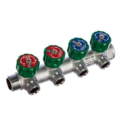 Регулирующий коллектор FAR 3/4" проходной, хромированный с 4 отводами 1/2" (FK 3824 3412)