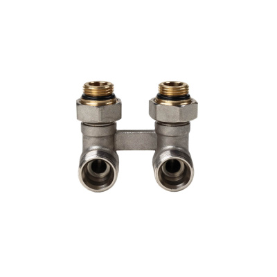 Блок шаровых кранов с соединительным ниппелем Рехау, угловой, G 1/2" x G 3/4" (12407373001)