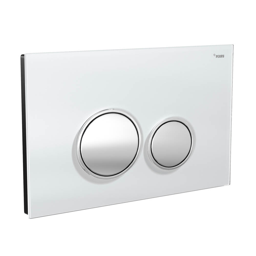 Панель смыва РЕХАУ NOVA ORB GLASS с круглыми клавишами, закаленное стекло, белый, клавиши и их контур хром, глянцевый (19102901001)