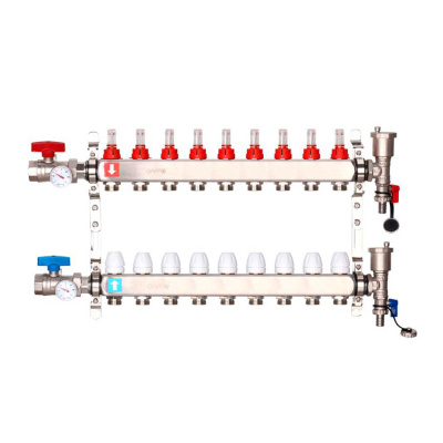 Коллектор Gappo 9-вых. x1"x3/4" регулируемый с расходомерами (G422.9)
