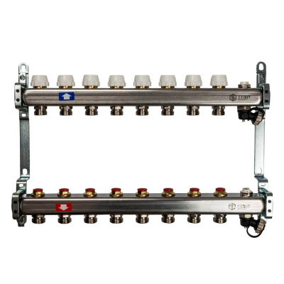 Коллектор STOUT 8 выходов из нержавеющей стали без расходомеров с клапаном вып. воздуха и сливом (SMS 0932 000008)